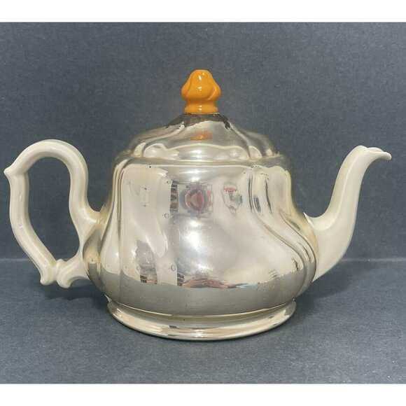 Vintage Cream Colored Ceramic Teapot with Removable Insulating Metal Cover